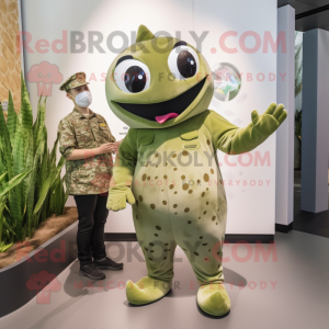 Olive Stingray mascot costume character dressed with a Playsuit and Watches