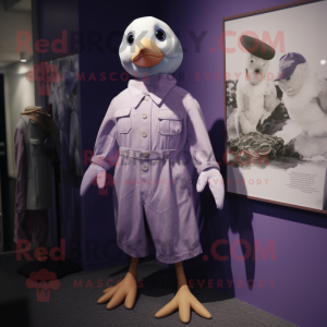 Purple Seagull mascot costume character dressed with a Romper and Tie pins