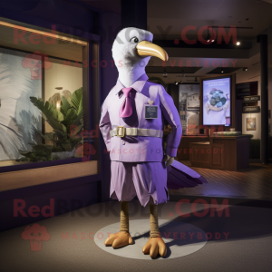 Purple Seagull mascot costume character dressed with a Romper and Tie pins