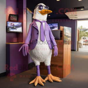 Purple Seagull mascot costume character dressed with a Romper and Tie pins