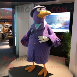 Purple Seagull mascot costume character dressed with a Romper and Tie pins