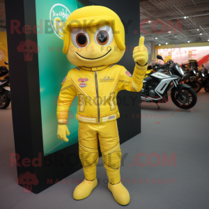 Lemon Yellow Pad Thai mascot costume character dressed with a Moto Jacket and Foot pads