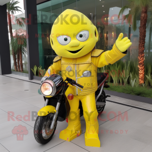 Lemon Yellow Pad Thai mascot costume character dressed with a Moto Jacket and Foot pads