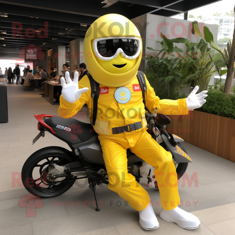 Lemon Yellow Pad Thai mascot costume character dressed with a Moto Jacket and Foot pads Lemon Yellow Pad Thai mascot costume character dressed with a Moto Jacket and Foot pads