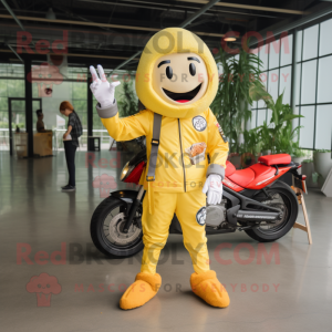 Lemon Yellow Pad Thai mascot costume character dressed with a Moto Jacket and Foot pads