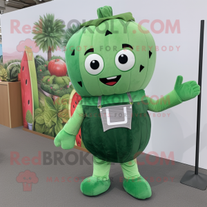 Green Watermelon mascot costume character dressed with a Dungarees and Hair clips