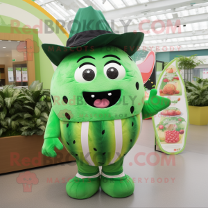 Green Watermelon mascot costume character dressed with a Dungarees and Hair clips