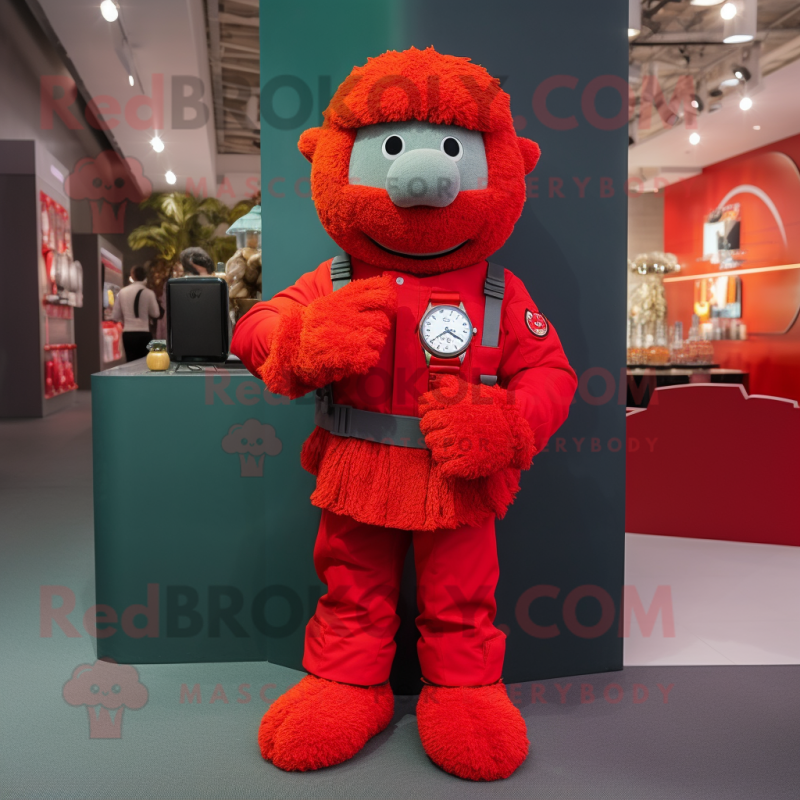 Red Soldier mascot costume character dressed with a Cardigan and Bracelet watches Red Soldier mascot costume character dressed with a Cardigan and Bracelet watches