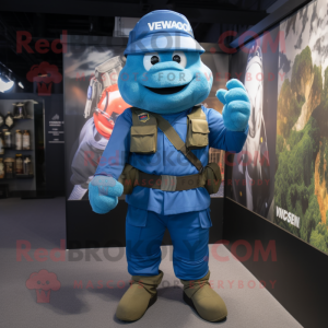 Blue Commando mascot costume character dressed with a V-Neck Tee and Suspenders