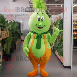 Lime Green Carrot mascot costume character dressed with a Trousers and Suspenders