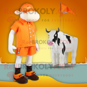 Orange Hereford Cow mascot costume character dressed with a One-Piece Swimsuit and Shoe clips