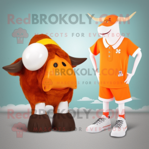 Orange Hereford Cow mascot costume character dressed with a One-Piece Swimsuit and Shoe clips