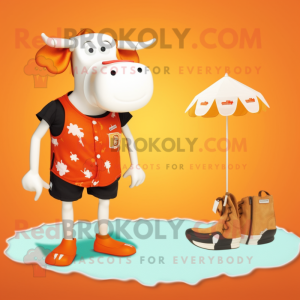 Orange Hereford Cow mascot costume character dressed with a One-Piece Swimsuit and Shoe clips