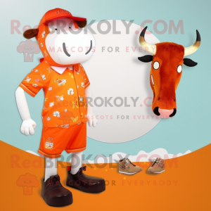 Orange Hereford Cow mascot costume character dressed with a One-Piece Swimsuit and Shoe clips