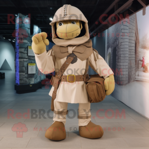 Tan Medieval Knight mascot costume character dressed with a Cargo Pants and Backpacks