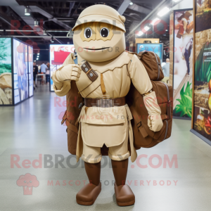 Tan Medieval Knight mascot costume character dressed with a Cargo Pants and Backpacks