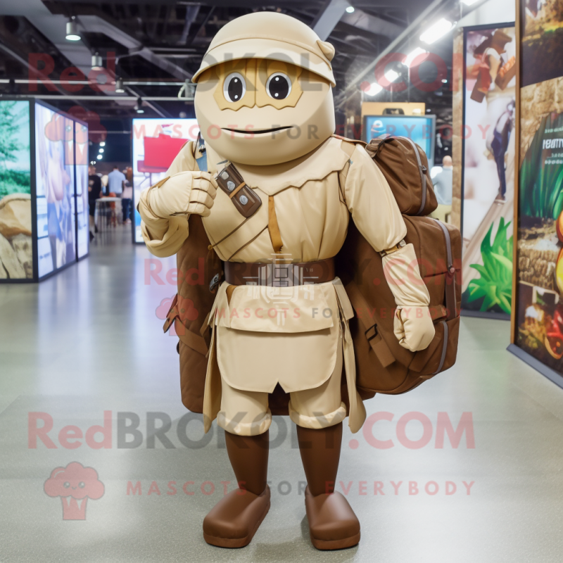 Tan Medieval Knight mascot costume character dressed with a Cargo Pants and Backpacks Tan Medieval Knight mascot costume character dressed with a Cargo Pants and Backpacks