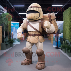 Tan Medieval Knight mascot costume character dressed with a Cargo Pants and Backpacks