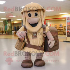 Tan Medieval Knight mascot costume character dressed with a Cargo Pants and Backpacks