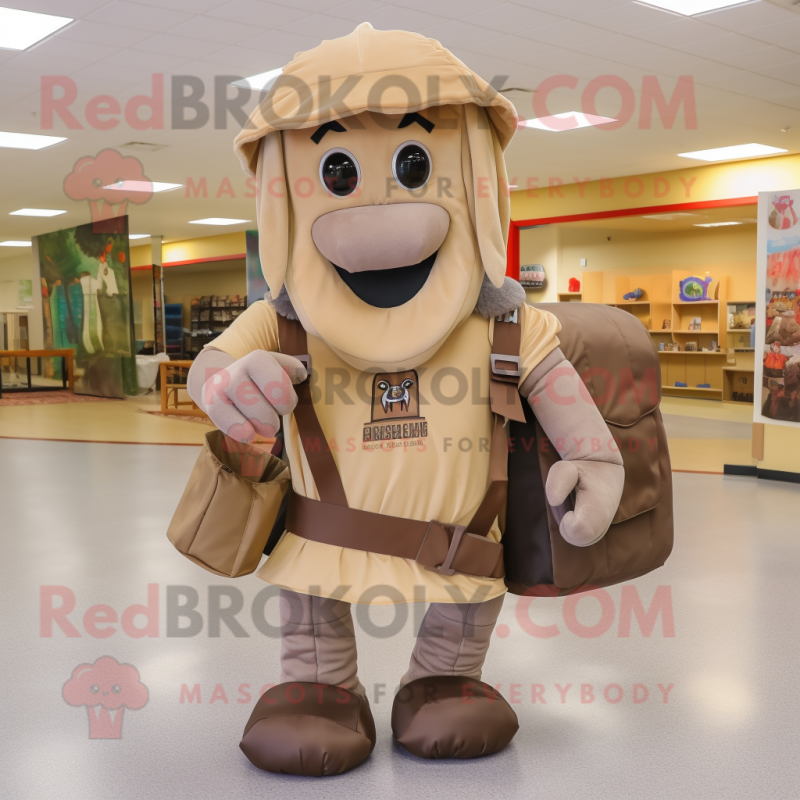 Tan Medieval Knight mascot costume character dressed with a Cargo Pants and Backpacks Tan Medieval Knight mascot costume character dressed with a Cargo Pants and Backpacks