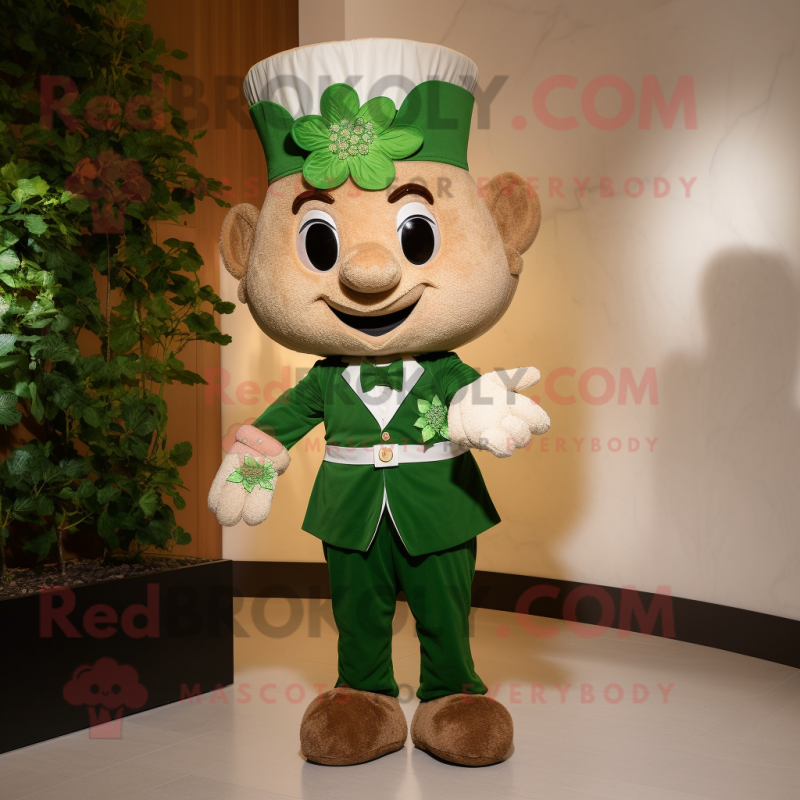Tan Bunch Of Shamrocks mascot costume character dressed with a Sheath Dress and Tie pins Tan Bunch Of Shamrocks mascot costume character dressed with a Sheath Dress and Tie pins