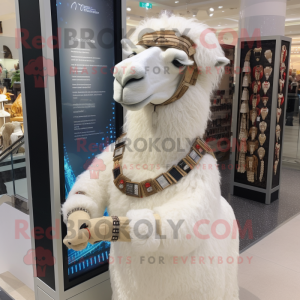 White Camel mascot costume character dressed with a Wrap Skirt and Bracelet watches