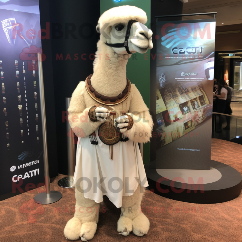 White Camel mascot costume character dressed with a Wrap Skirt and Bracelet watches