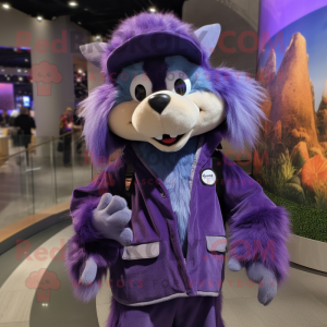 Purple Skunk mascot costume character dressed with a Parka and Hats