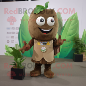 Brown Spinach mascot costume character dressed with a V-Neck Tee and Lapel pins