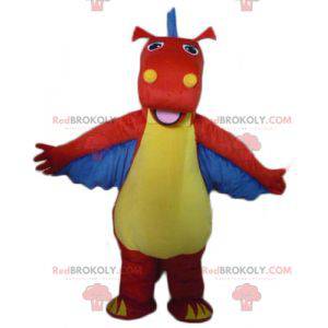 Mascote dragão dinossauro vermelho amarelo e azul -