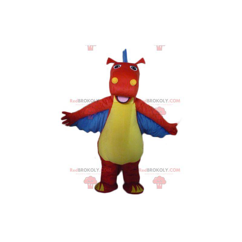 Mascotte de dragon de dinosaure rouge jaune et bleu -