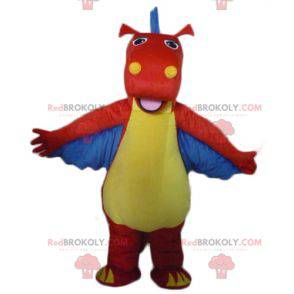 Mascote dragão dinossauro vermelho amarelo e azul -