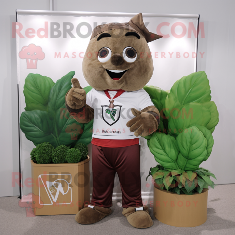 Brown Spinach mascot costume character dressed with a V-Neck Tee and Lapel pins Brown Spinach mascot costume character dressed with a V-Neck Tee and Lapel pins