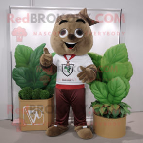 Brown Spinach mascot costume character dressed with a V-Neck Tee and Lapel pins