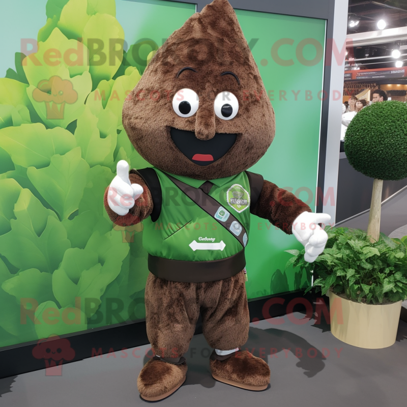 Brown Spinach mascot costume character dressed with a V-Neck Tee and Lapel pins