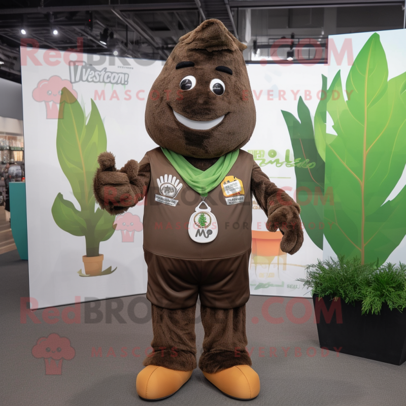 Brown Spinach mascot costume character dressed with a V-Neck Tee and Lapel pins