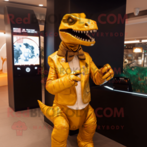 Gold Tyrannosaurus mascot costume character dressed with a Coat and Digital watches