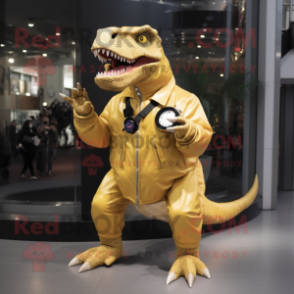 Gold Tyrannosaurus mascot costume character dressed with a Coat and Digital watches