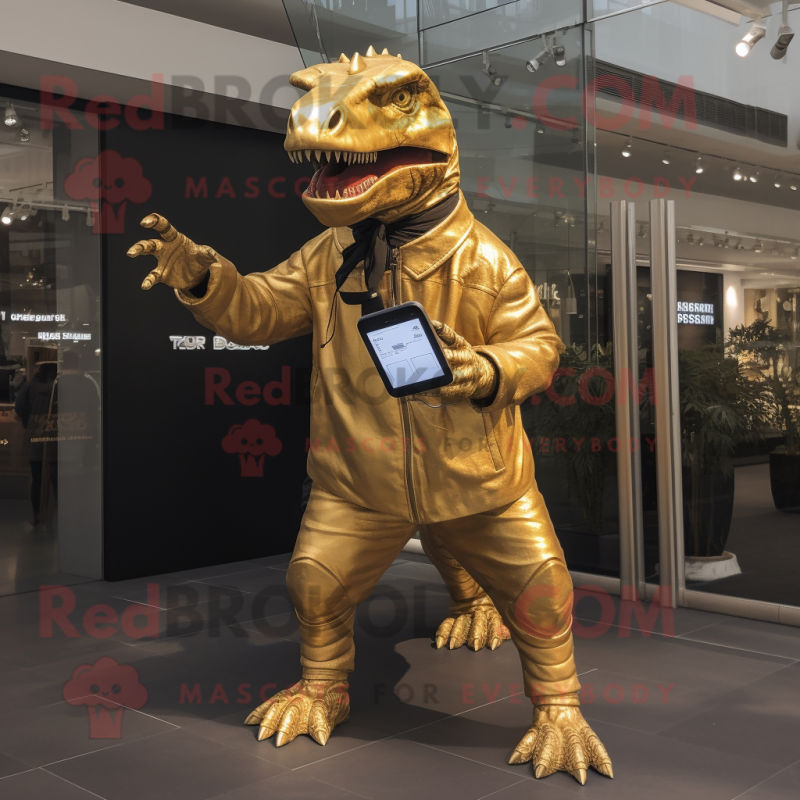 Gold Tyrannosaurus mascot costume character dressed with a Coat and Digital watches