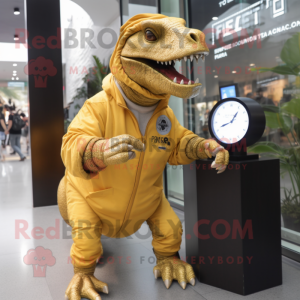 Gold Tyrannosaurus mascot costume character dressed with a Coat and Digital watches