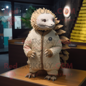 White Pangolin mascot costume character dressed with a Jacket and Watches