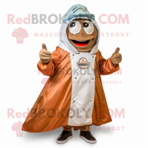 Rust Clam Chowder mascot costume character dressed with a Raincoat and Shoe clips