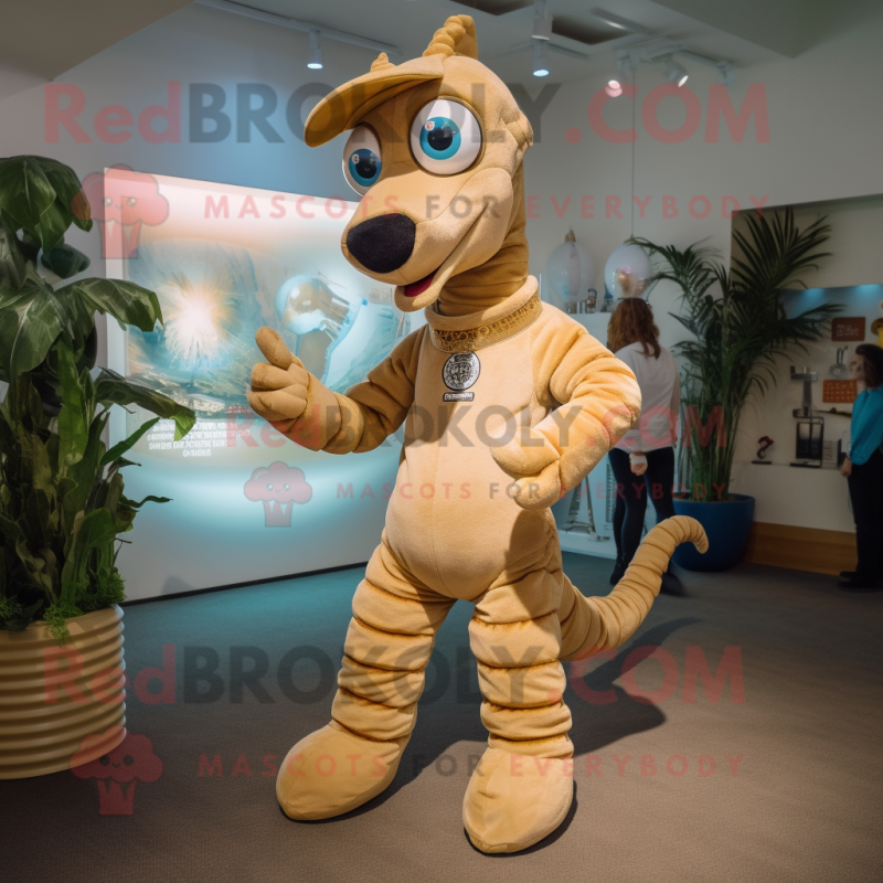Tan Sea Horse mascot costume character dressed with a Romper and Rings Tan Sea Horse mascot costume character dressed with a Romper and Rings