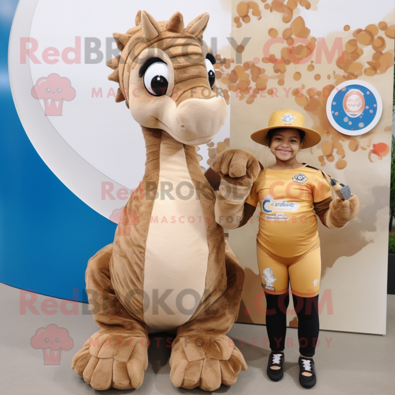 Tan Sea Horse mascot costume character dressed with a Romper and Rings Tan Sea Horse mascot costume character dressed with a Romper and Rings
