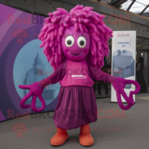 Magenta Medusa mascot costume character dressed with a Midi Dress and Mittens