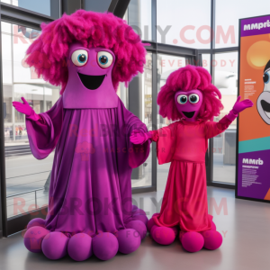 Magenta Medusa mascot costume character dressed with a Midi Dress and Mittens