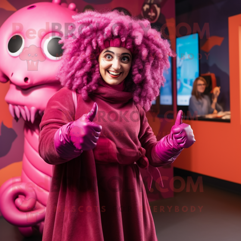 Magenta Medusa mascot costume character dressed with a Midi Dress and Mittens