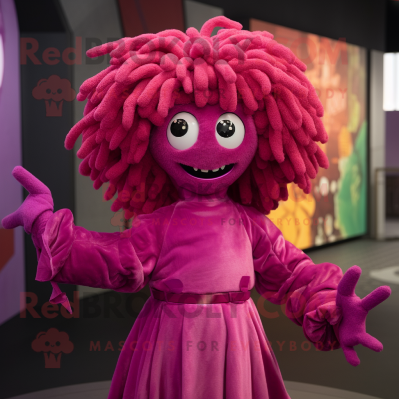 Magenta Medusa mascot costume character dressed with a Midi Dress and Mittens