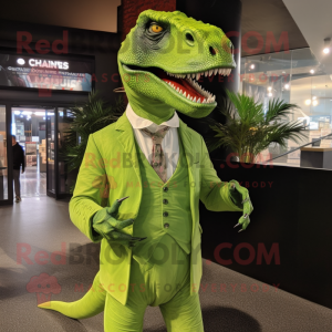 Lime Green Allosaurus mascot costume character dressed with a Dress and Pocket squares
