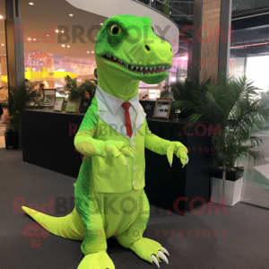 Lime Green Allosaurus mascot costume character dressed with a Dress and Pocket squares